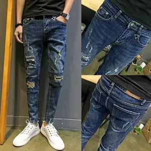 Fashion Denim Pants Men\'s Boys Small Feet Ripped Holes Cropped Jeans Thin Men\'s Social Men Beggar Pencil Pants