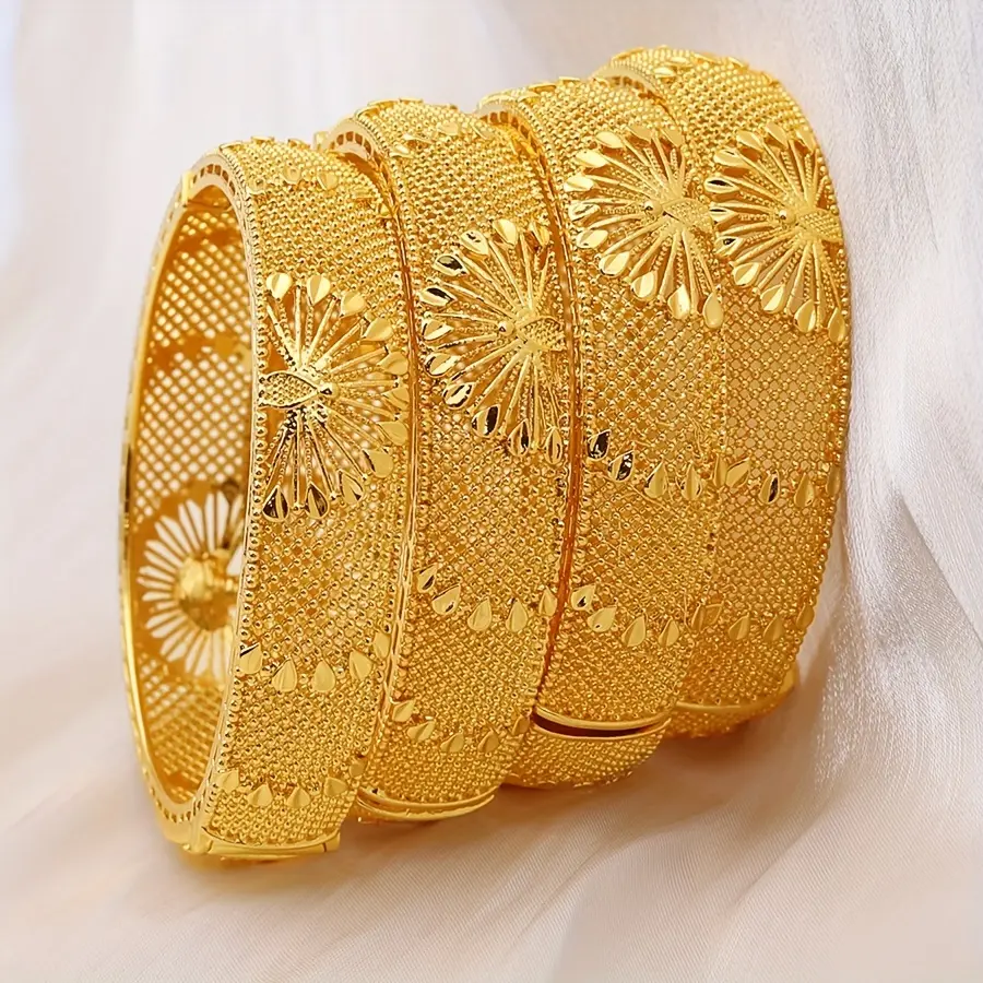 24 Karat Elegant Gold Plated Open Bangle Set, Classic Vintage Stackable Piece, Accessories Bundle Bracelets & Bangles, Ideal for Daily Wear & Special Occasions, Valentine's Gift for Girlfriend, Stackable Bracelet