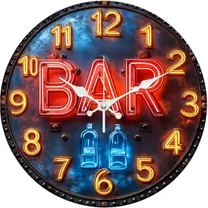 Bar Neon Wall Clock Wooden Wall Clock Silent Clock Battery Operated (Battery Not Included) Home Decor Perfect for Valentine's Day Easter St. Patrick's Day Halloween Christmas and More. Holiday Decor The Perfect Gift.