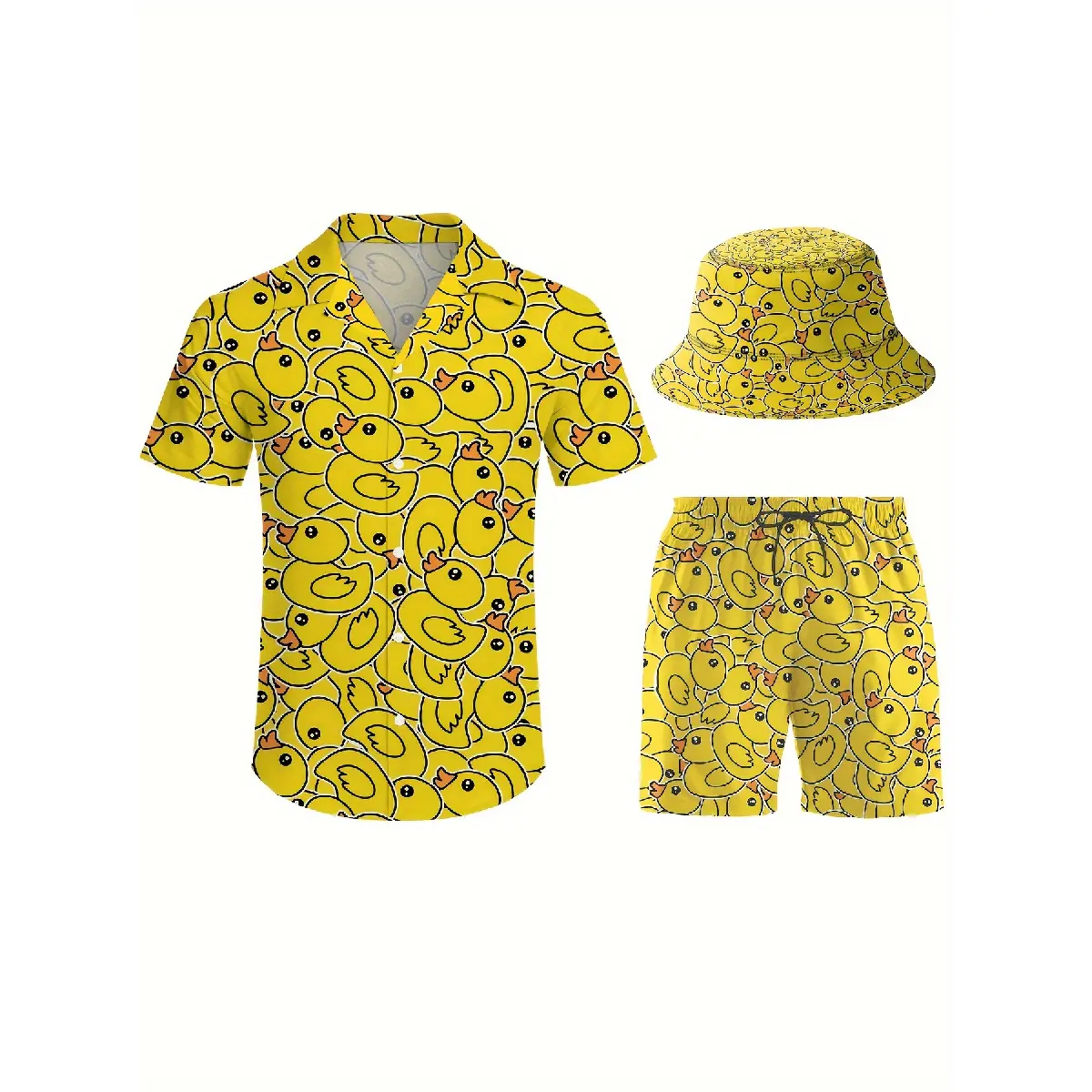 Men's 3-Piece Shortleeve Classic Menswear Set - Retro Casual, All-Seasons, Elastic Waist, Simple Regular Fit, Cartoon Yellow Duck Print, Hawaiian Sportswear, Button-Down Shirt, Beach Shorts, Fisherman Bucket Hat, Shortsleeve