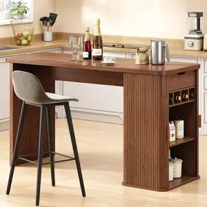 【SPOTLIGHT DAY】ONBRILL 59 Inch Kitchen Island with Storage, Fluted Counter Height Table, Mid-Century Modern Kitchen Island Table with Sliding Door, Home Bar Tables with Wine Rack and Drawers