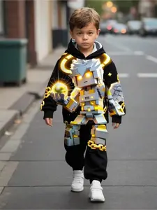 Boys Pixel Robot Hoodie and Pants Set, Outfit, Autumn Cool Fashion, Casual Sports Leisure Two-Piece Set, Perfect Outdoor Choice