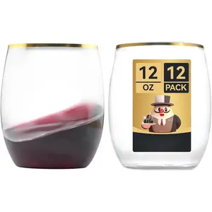 12 Pack 12oz  Plastic  Glasses Stemless,  Disposable  Cups, , Recyclable, Unbreakable,  and  for Party