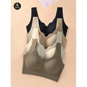 4-piece set of women's solid color wireless support V-neck breathable comfortable bras