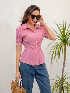 Women's Plaid Vintage Blouse - Ruffled Neckline, Puff Sleeves, Waist-Cinching Design, Lightweight Casual Summer Womenswear Top