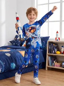 Boys' Long Sleeve Pajama Set, Cartoon Astronaut Starry Pattern, Comfortable Casual Home Wear, Suitable for Spring Summer Fall, Ages 2-8