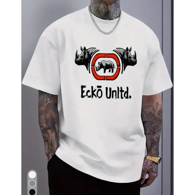 White Rhino Graphic & Ecko Unlimited Text Crew Neck T-Shirt - Bold Black Rhino Head Print, Regular Fit Casual Gym & Everyday Shirt, Durable Comfortable Soft Unisex Top for Training, Autumn & Summer Season