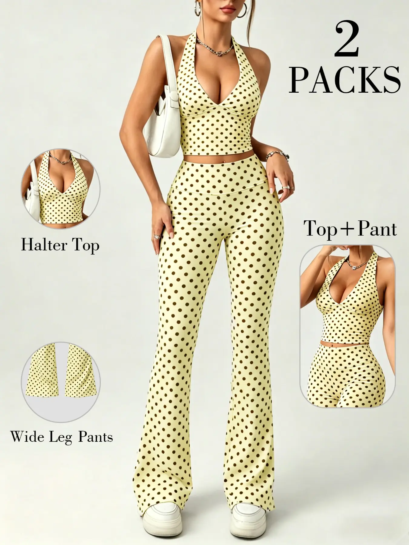 Women's Polka Dot Halter Top and Wide Leg Pants Set, Deep V Neck Sleeveless Top + High Waist Bell Bottoms, Y2K Retro Style Outfit Vibe