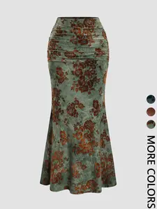 Women's Vintage Floral Print Long Mermaid Skirt, Casual Fashion Velvet Bottoms for All Seasons