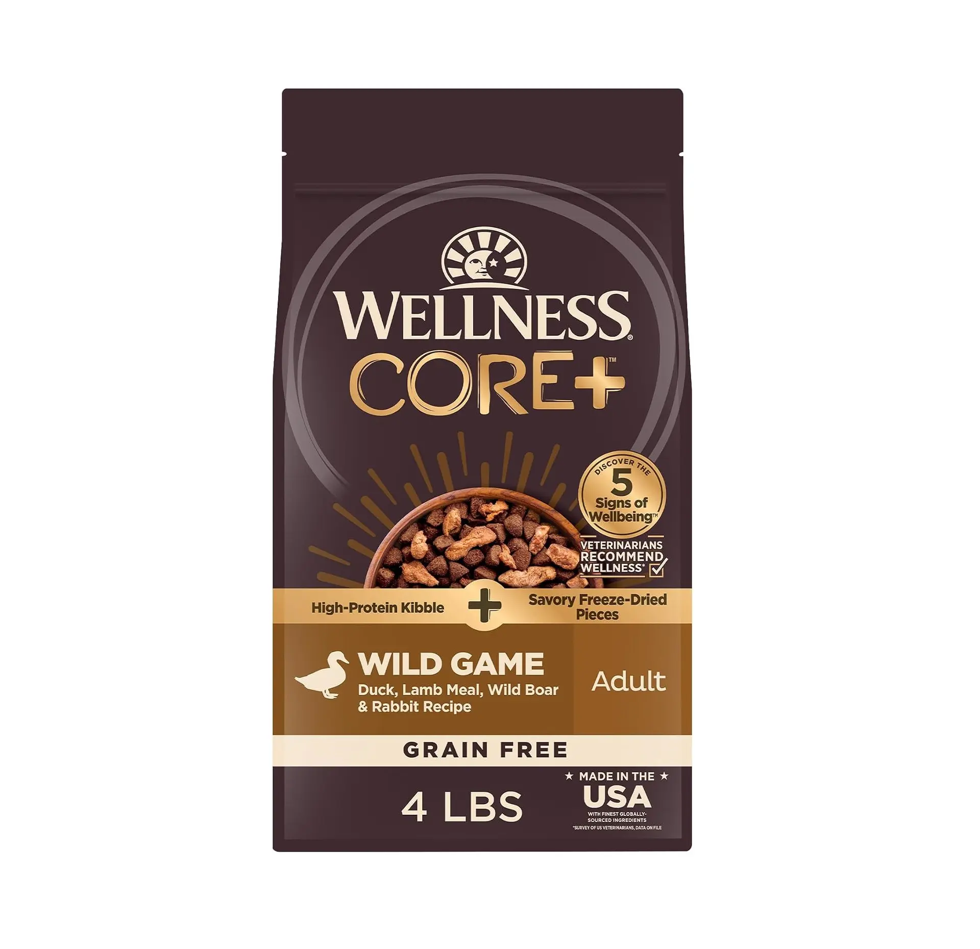 Wellness CORE+ Adult Dry Dog Food with Freeze Dried Pieces, Grain Free Kibble+, Natural, High Protein, Wild Game Duck, Lamb, Boar, and Rabbit Recipe, 4 lb Bag