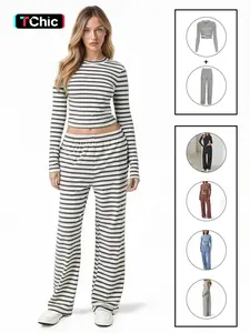 Women's Fashion Comfortable Slim Fit Striped Long Sleeve Top and Loose Pants Set, Casual Two-Piece for Daily Wear,Women's Fashion Comfortable Slim Fit Striped Long Sleeve Top and Loose Pants Set, Casual Two-Piece for Daily Wear,Airport Outfit