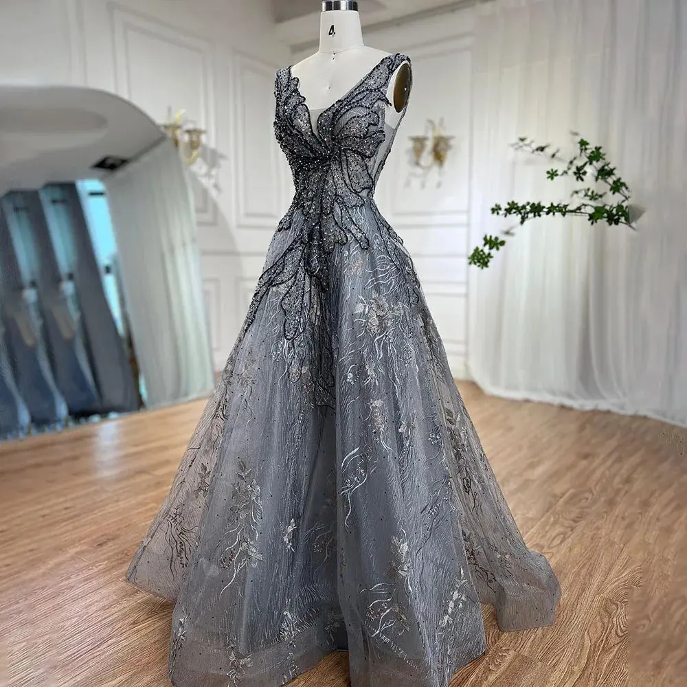 Grey A-Line Evening Dress 2025 with Beaded Luxury - Ideal for Women's Wedding Party