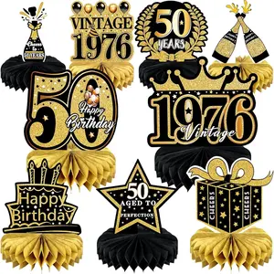 9 Pcs 50th Birthday Decorations for Men Women Black Gold Honeycomb Centerpieces Table Topper Cheers to 50th Birthday Party Favors
