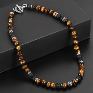 Men's 8mm Natural Tiger Eye Lava Bead Necklace Stainless Steel Toggle 18/20/24" fathersdaygifts Black Onyx