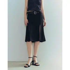 URBAN REVIVO 2026 Spring New Arrival Women's Belted A-Line Polyester Fabric Midi Skirt - 60cm Mid-Length, Split-Hem, Regular Fit, Multi-Size, Black UWG540040, Flattering Womenswear Bottoms