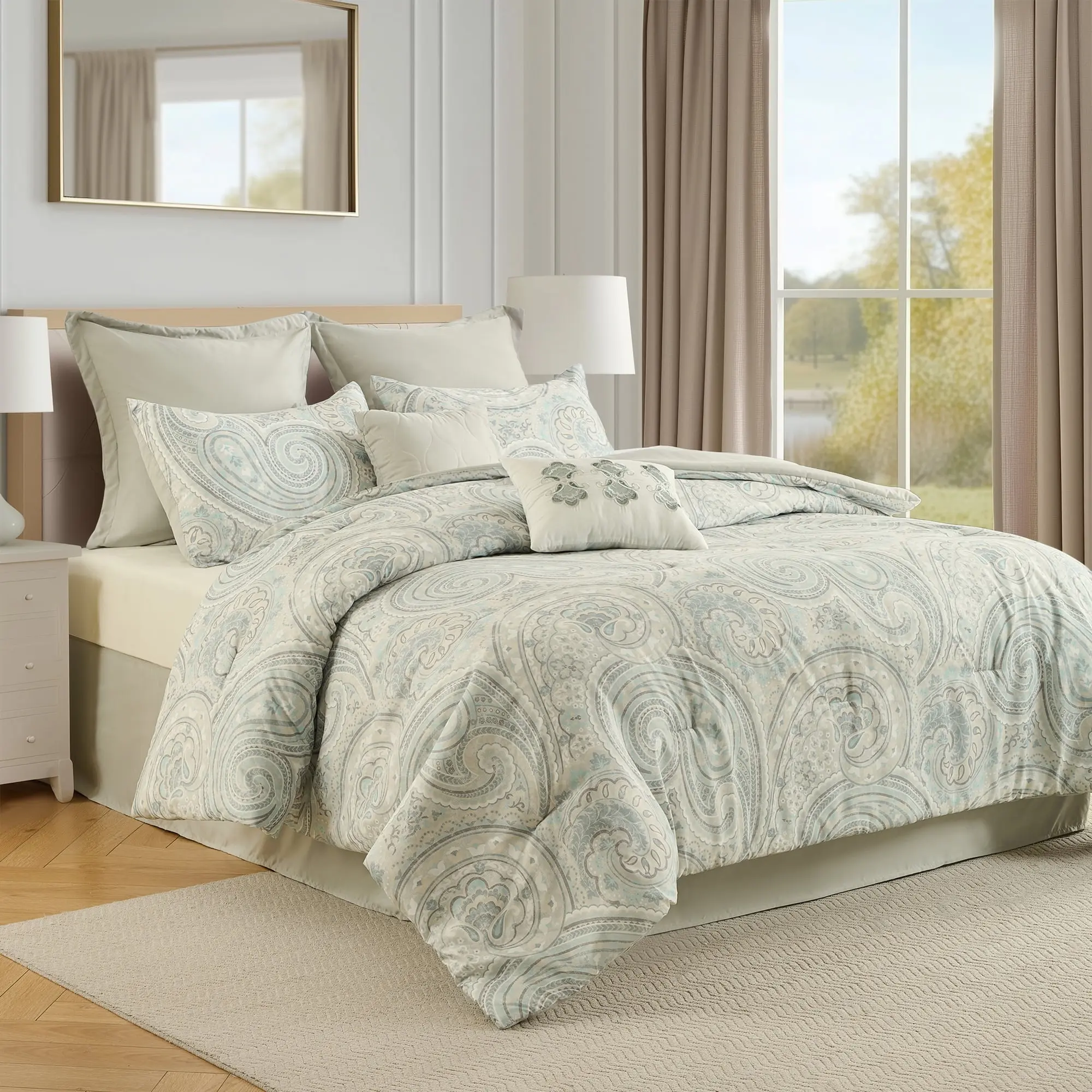 Regency Heights 8-Piece Multi-Size Bedding Set - King/Queen/Cal King Comforter, Modern Floral Paisley Flat Weave, Hypoallergenic, Breathable, All Seasons, Machine Washable, Low Heat Dryer Safe Bedroom Decor, Bedding Sets Collections, Euro Sham Match, Flow