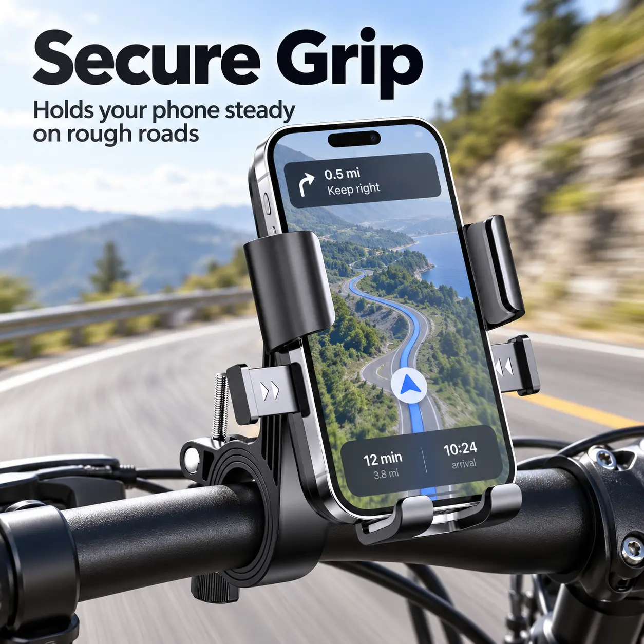 Universal Motorcycle & Bike Phone Mount - Motorcycle Accessory, Ebike Accessory with 1-Second Quick Lock, Ultra-Stable Anti-Shake Design, 360° Rotation Handlebar Clip for iPhone, Samsung, GPS, Ebike Accessories