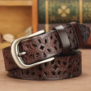 Women'S Vintage Floral Faux Leather Belt with Metal Buckle - Adjustable Hook-and-Loop Closure, Decorative Hollow Design, Brown & Black, Perfect for Casual Outings, Versatile Fashion Accessory |   Floral Pattern Belt |   Alloy Buckle Belt