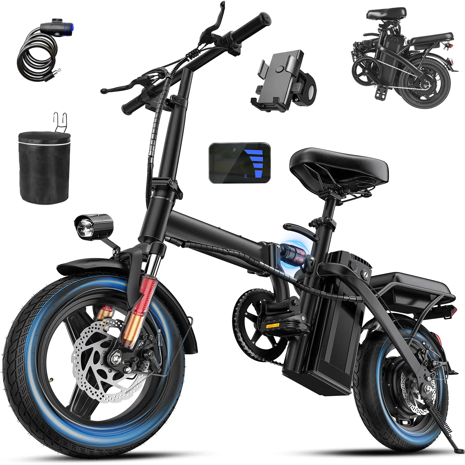 TERROSOR Ebikes for Adults, 560W Motor 24MPH Max Speed, 14” Tire, 48V 15AH Removable Battery for Lightweight Electric Bike, Multi-Shock Absorption, City Commuter, Foldable Adult Electric Bicycles-T1 Folding