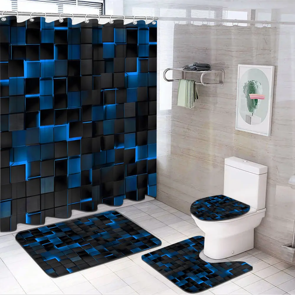 4Pcs Waterproof Blue 3D Cube Shower Curtain Set with Black & Blue Rug, 12 Hooks, Splash-Proof Pouch, Easy Installation, Bathroom Decor & Essentials (Shower Curtains & Rods Category)