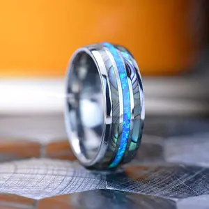 Australian Blue Fire Opal with Abalone Shell Tungsten Ring For Him For Her