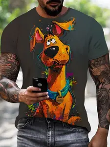 Men's Summer Deep Cartoon Scooby-Doo Graffiti Print Short Sleeve T-Shirt, Streetwear, Menswear, Casual Fitted Top, Comfortable Daily Wear, Ideal Gift Choice