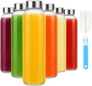 Sursip 18Oz Glass Water Bottle Set of 6, Clear Glass Juice Bottle for Juicing，Reusable Drinking Bottles with Stainless Steel Lid，Beverage Storage Containers for Refrigerator-Bpa Free，Leak Proof