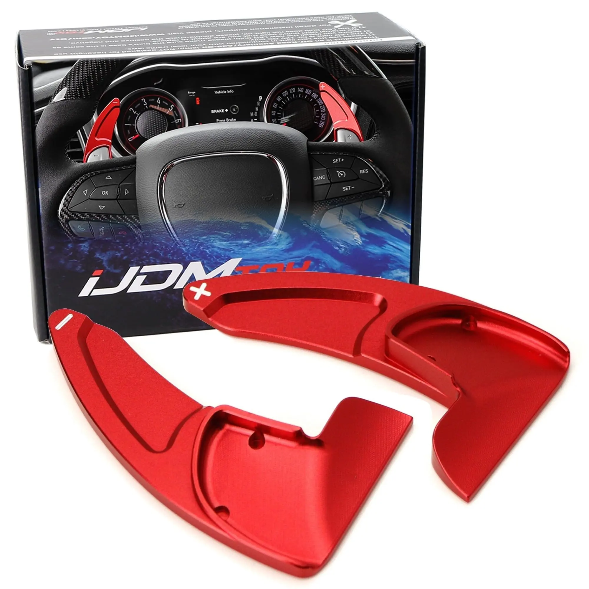 iJDMTOY Rallye Red CNC Billet Aluminum Large Paddle Extensions For Challenger Charger Durango, Grand Cherokee, 300/300C