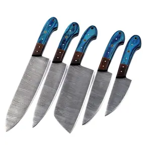 Handmade Damascus Steel Kitchen Knife Set Of 5piece With Blue Wooden Handle, Chef Knives Set , Leather Roll Holder