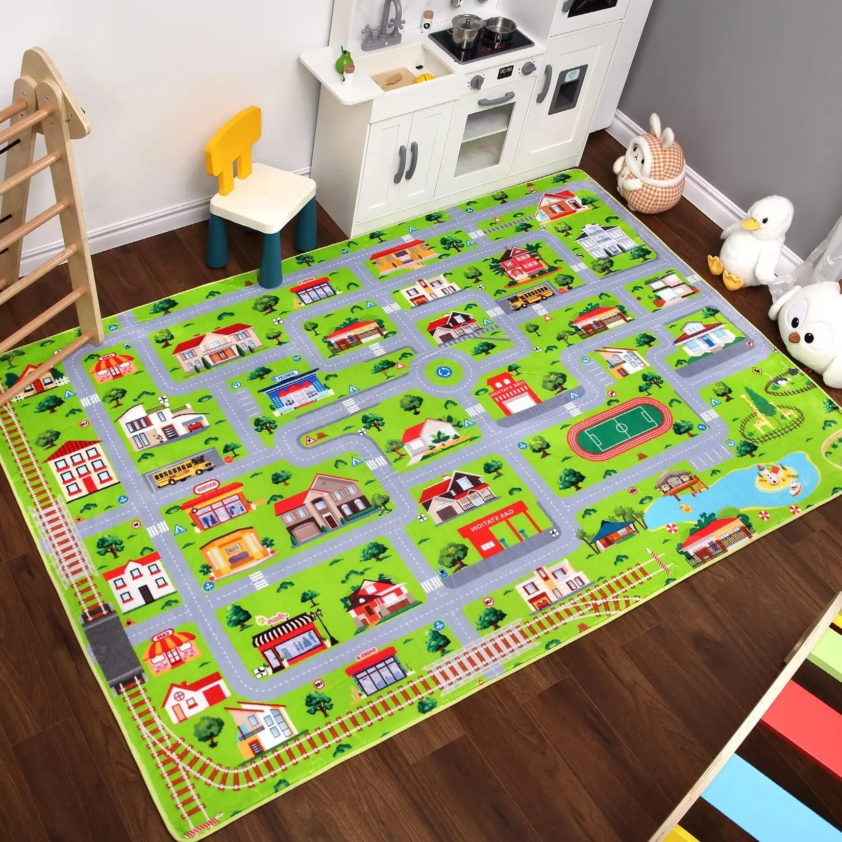 Kids Carpet Playmat Car Play Rug Large Kids Play Rug City Traffic Road Mat Low Pile Non Slip Fun Carpet for Kids Children Nursery Playroom Classroom Educational City Life Carpet Grey
