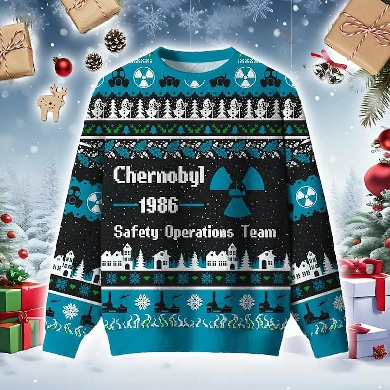 [HOT UGLY] Christmas Holiday Ugly Sweater 2025 Chernobyl 1986 Safety Operations Team Funny Winter Sweater for Adults Retro Nuclear Theme Knit Graphic Pullover Apparel