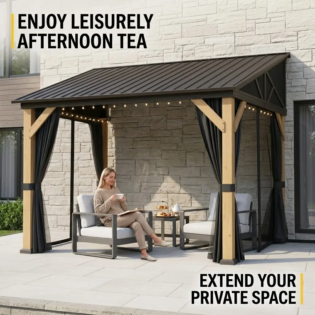 Lean To Gazebo Hardtop Pergola Wall Mounted Canopy 10x14 FT Galvanized Steel RoofShelter with Hidden Gutter System Privacy Curtains and Netting Backyard Deck Patio Extension Outdoor Barbecue Carport Parking Shed furniture