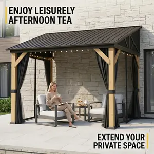 Lean To Gazebo Hardtop Pergola Wall Mounted Canopy 10x14 FT Galvanized Steel RoofShelter with Hidden Gutter System Privacy Curtains and Netting Backyard Deck Patio Extension Outdoor Barbecue Carport Parking Shed furniture