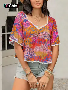 Women's All Over Print Floral Contrast Lace Blouse, Boho Casual Short Sleeve Top for Summer, Women's Clothing for Daily Wear, Summer Clothes Women, Womenswear