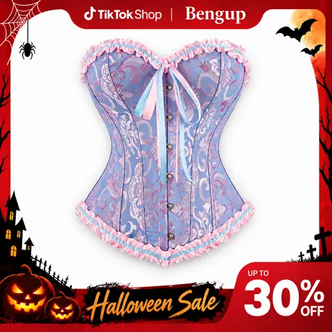 Women's Lace Up Boned Overbust Corset Top Bustier Lingerie Bodyshaper Top Halloween Costumes Shapewear Gothic Party Outfit Floral Blue Witchy Clothing 819AJ D3,sohochic