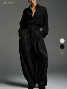 Spring & Fall Women's Fashion Two-Piece Set, Solid Color Shirt and Long Pants, Casual Style, Perfect for Daily Wear