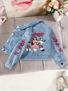 Cool Anime Denim Jacket for Girls, Cartoon Singing Idol Group Print, K-Pop Colorblock, Comfortable Fabric, Casual Outerwear