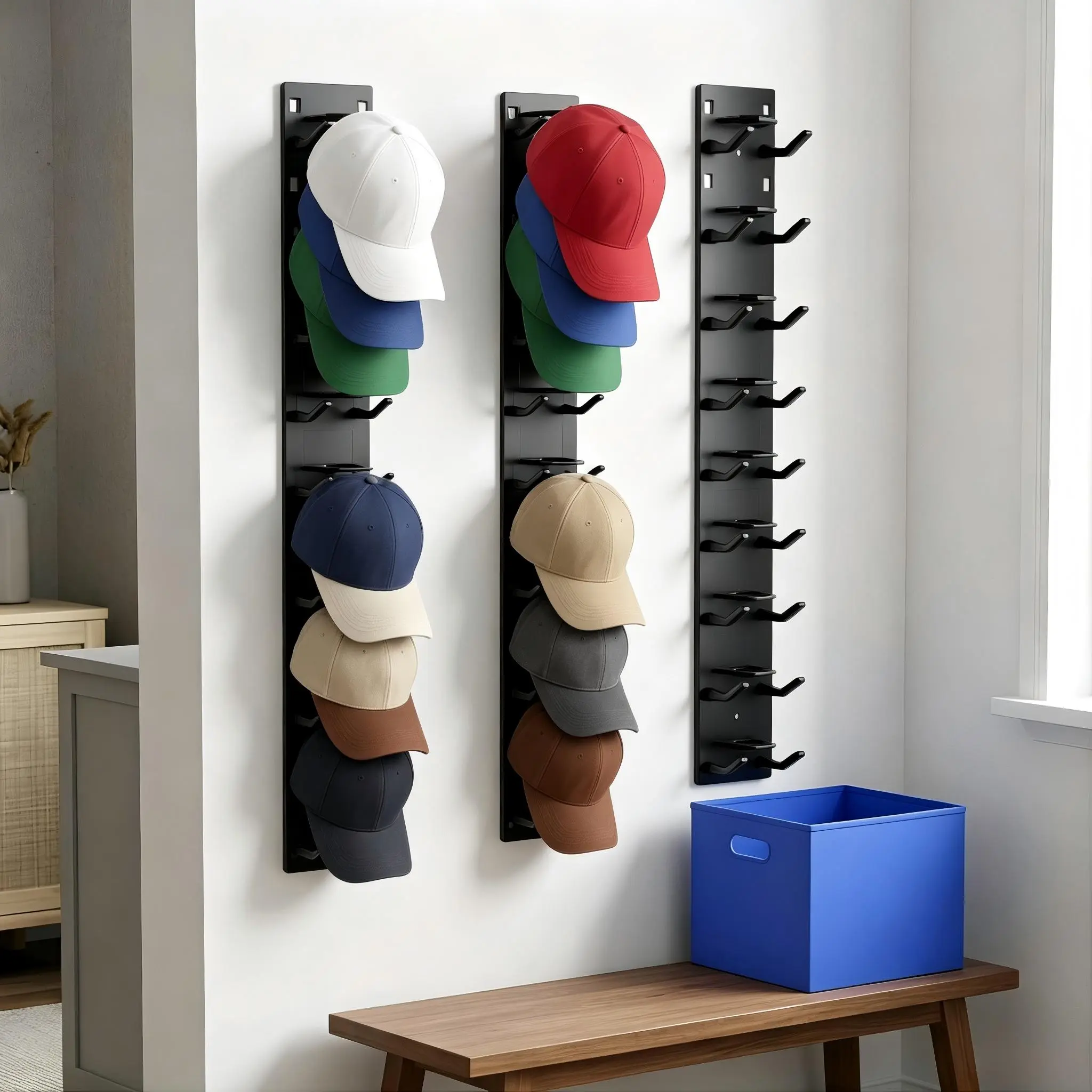 Hat Organizer Hold up to 18 Hats, 2 Pack Hat Rack for Wall with Strong Adhesive, Hat Organizer for Baseball Caps Display for Door Closet, Hat Hanger Holder Multilayer Two Mounting Option(Black/White)