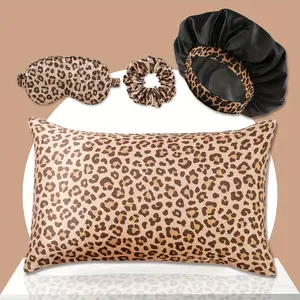 4pcs, leopard print satin pillowcase + leopard print color-blocked rubber band nightcap + ice silk eye mask + large intestine scrunchie combination set, portable travel sleep pillowcase set