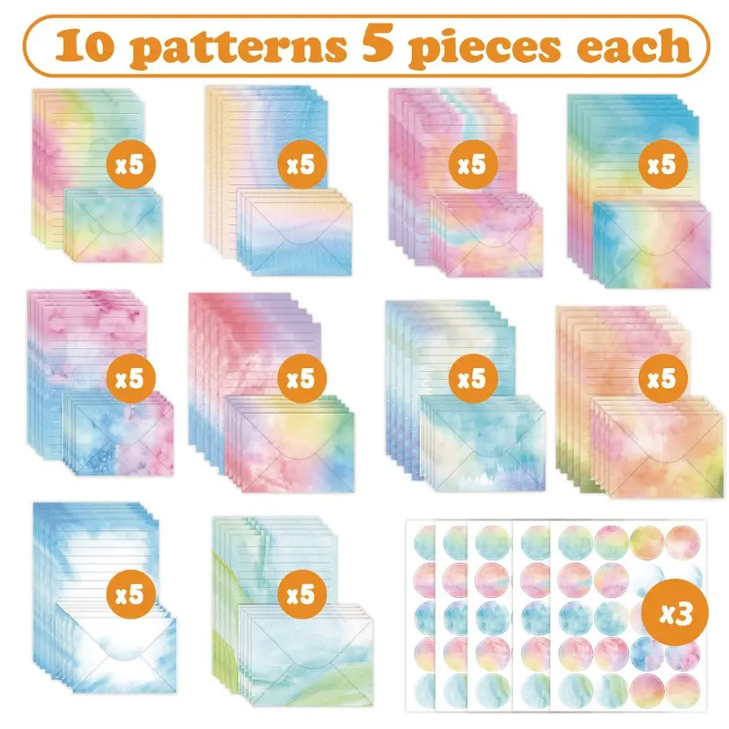 160 Packs Stationery Paper Set (50 Double Sided Stationery Writing Papers 50 Matching Envelopes) 60 Round Dot Sticker, 10 Design(Watercolor,5.5 x 8.25 Inch)