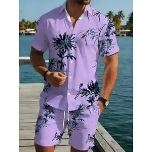 Men's 2-Piece Casual Loose Knit Polyester Stretch Clothing Set - Short-Sleeve Tops, Purple Hawaiian Print Shorts for Summer Beach Holidays