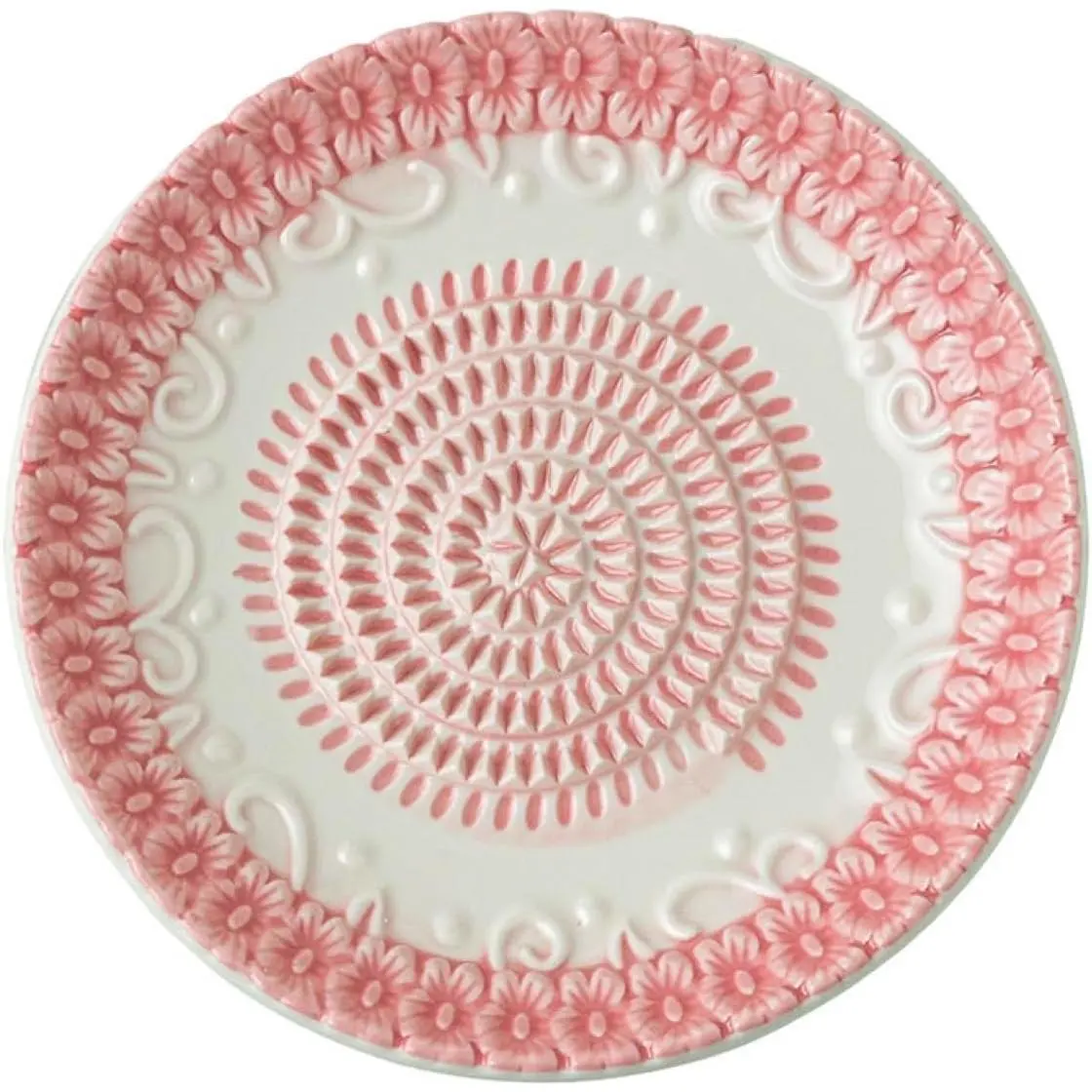 Premium Ceramic Garlic Grater 4-Piece Set - Everyday Round Solid Grater Plates with Original Designs (5.25 in), BPA-Free, Peeler, Brush, Stand, Pink Embossed for Garlic Shredding, Decorative