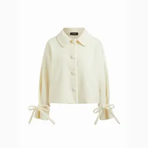 Cider Wool-look Peter Pan Collar Long Sleeve Bowknot Button Jacket