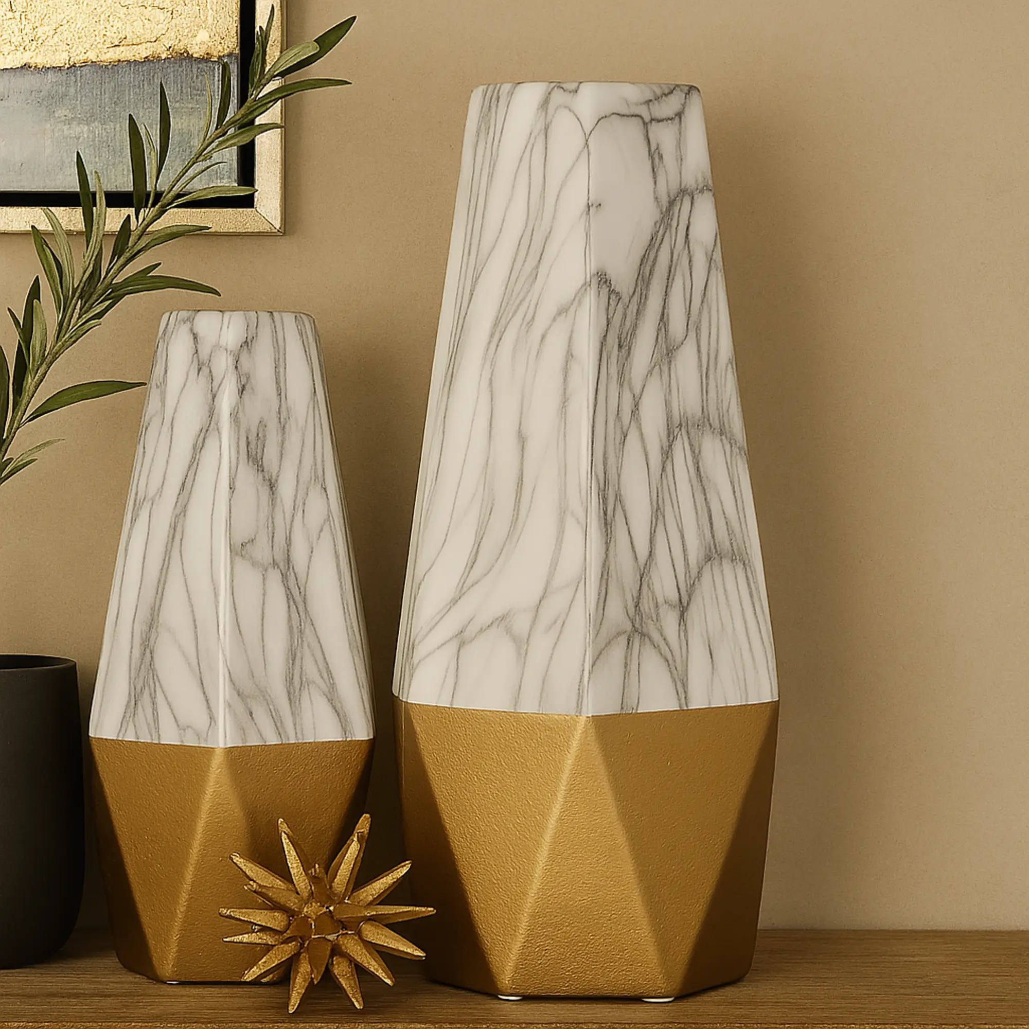 Ceramic Faux Marble Decorative Vase with Gold Antiscratch Base, Felt-Rubber Felt Stoppers, Gold-Tone Elegance, Single Carton, Fully Assembled Contemporary Modern Minimal Indoor Decor Centerpiece for Room, Table (8"x7"x18") - Wipe-Clean Design