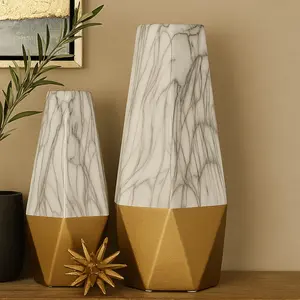 Ceramic Faux Marble Decorative Vase with Gold Base 8" x 7" x 18"