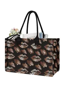 Leopard Lip Print Large Capacity Storage Bag, Durable Handles, Space-Saving Multi-Purpose Organizer Tote Bag for School Travel Shopping