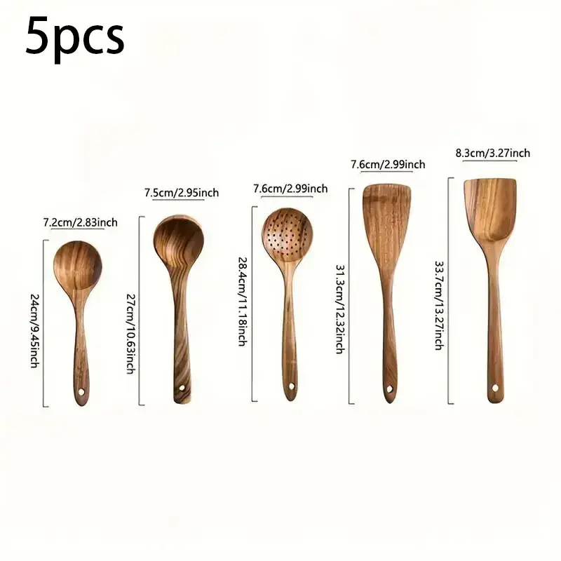 5-Piece Natural Wood Cooking Spoon Utensil Set, Non-Stick, Heat Resistant, Sturdy, Lightweight & Easy to Clean