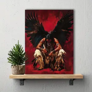 Indian Shaman and Bear Paw Necklace and Eagle Wing - Framed Canvas Art Print 11.8"x15.8", Suitable for Bedroom, Office, Living Room Decoration, Perfect Room Decor