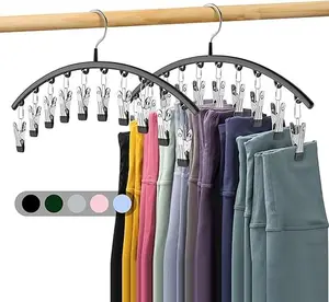 {Viral} Curved Hanger Legging Organizer for Closet, Metal Yoga Pants Hangers 2 Pack w/10 Clips Holds 20 Leggings, Closet Organizer w/Rubber Coated Closet Organizers and Storage, Black