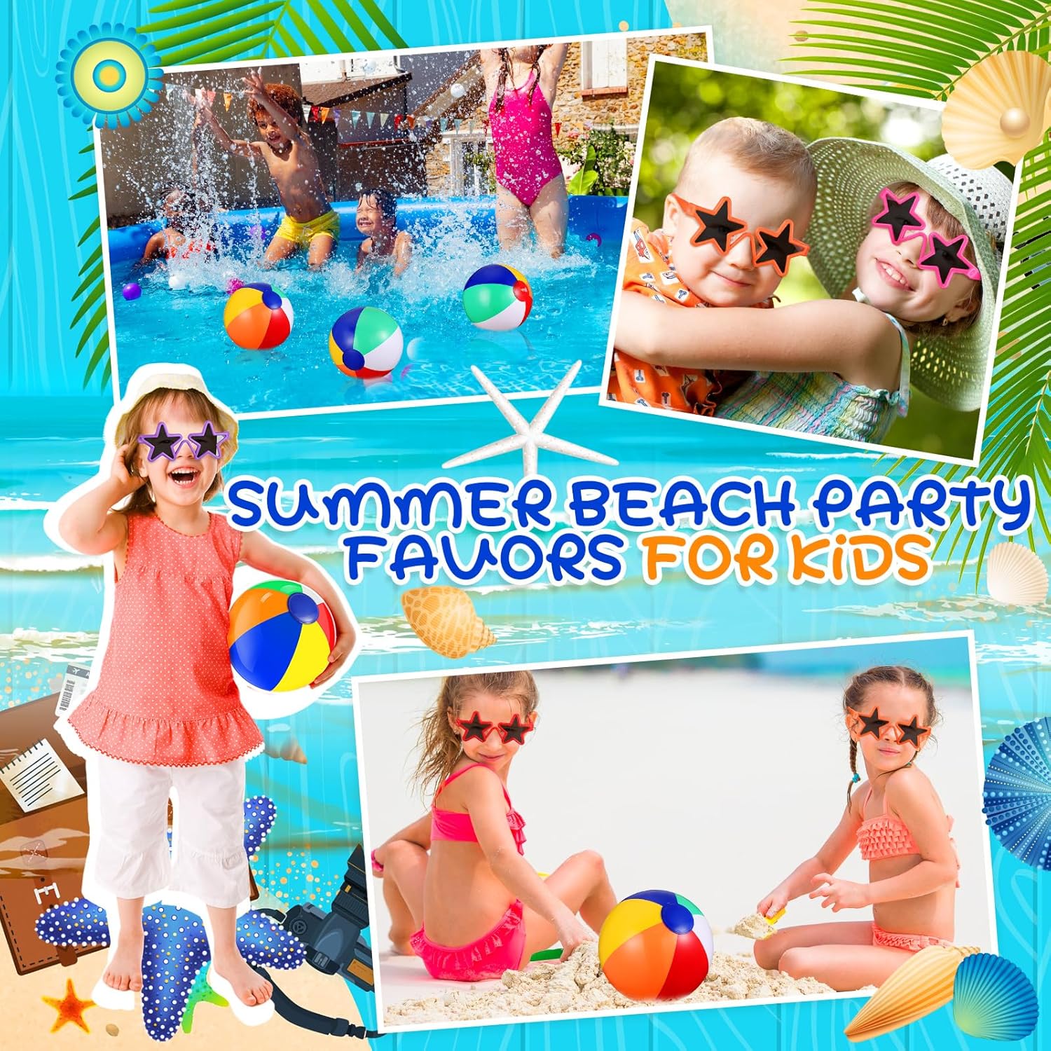 24 Set End of Year Student Gifts from Teacher Bulk Neon Star Shaped Sunglasses Beach Balls Goody Bags for Preschool Kindergarten Graduation